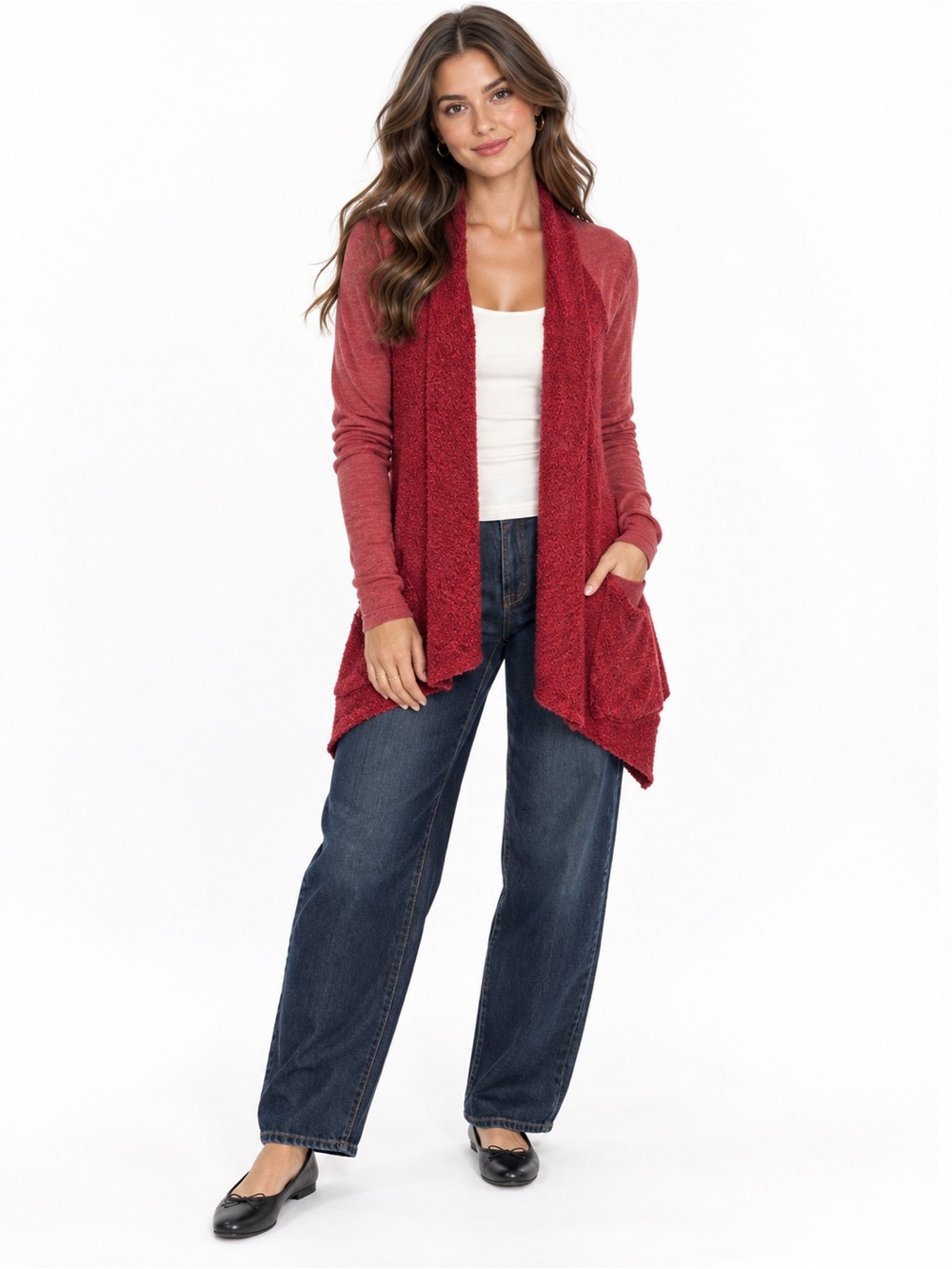 Lucky Lotus Lucky Brand M Red Textured Open Front Cardigan Pockets Boho
